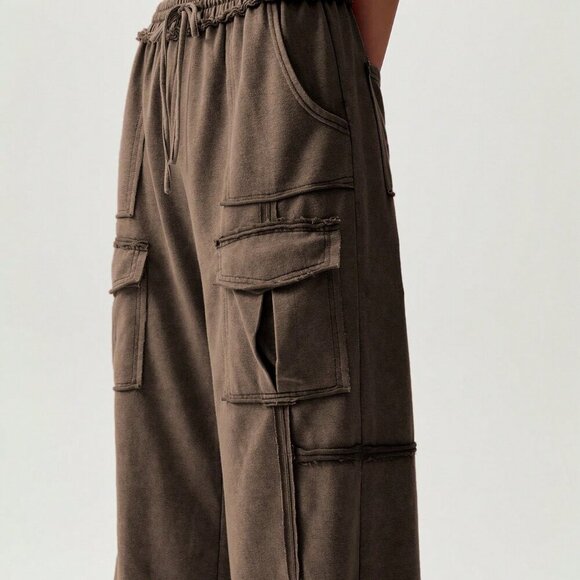 Coffee Brown Casual Women's Vacation Knit 3d Pocket Wide Leg Pants - Picture 8 of 8